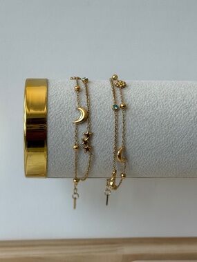 Gold Moon & Star Layered Stainless Steel Bracelet with Blue Accent Bead